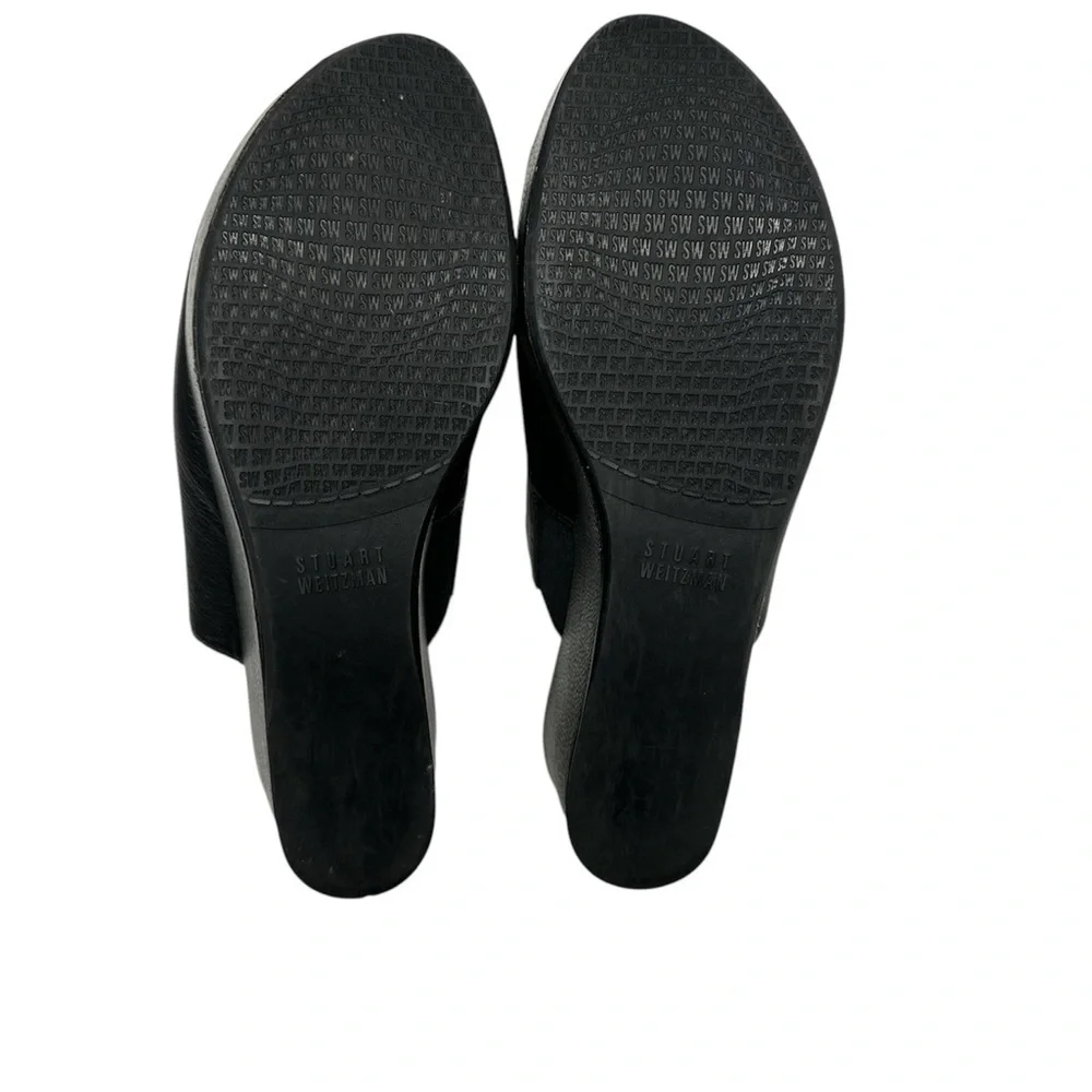 Stuart Weitzman Muletrain Wedge Sandals Leather Platform Wide Strap Black Sz 6M